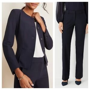 Ann Taylor Pleated Crewneck Jacket Trousers Set Seasonless Stretch 16 18 Navy